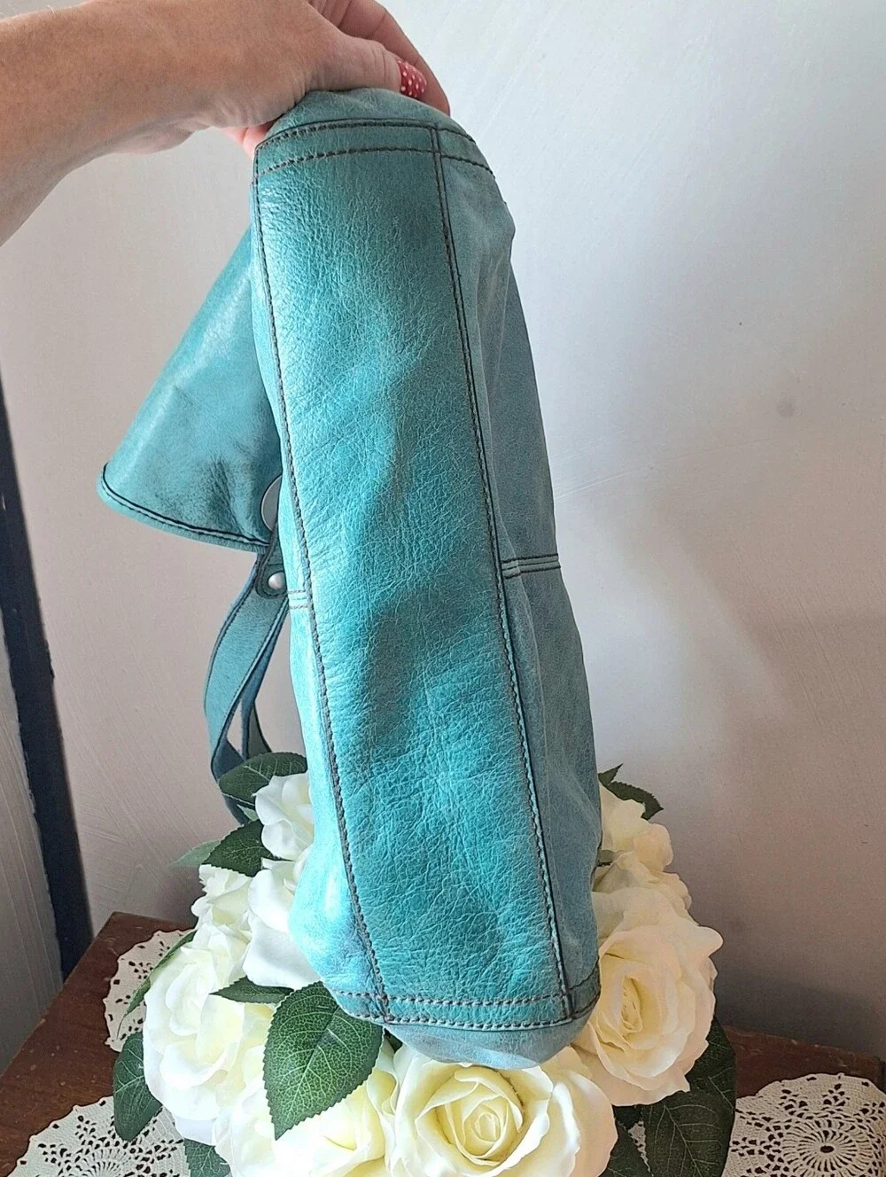 Fossil Hathaway Light Teal Leather Shoulder Tote Bag - Picture 7 of 13